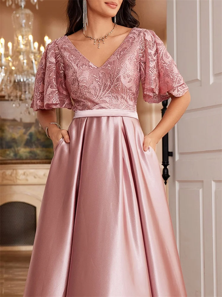 Lucyinlove Elegant Short Sleeve Pink Satin Formal Evening Dress Luxury Long Women Mermaid Wedding Party Dress Cocktail Prom