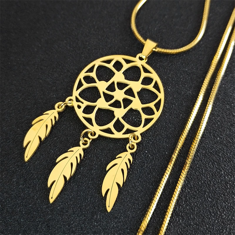 

Flower of Life Dream Catcher Necklace for Women Men Stainless Steel Feather Tassel Spiritual Boho Chain Jewelry collare NS01