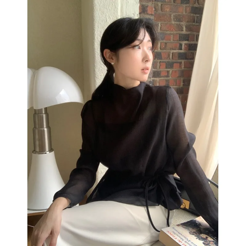 Ele f High Collar Long Sve irt Belted Slim Fit Two Piece Set Ba Button Design Korean Sle Women's Faion