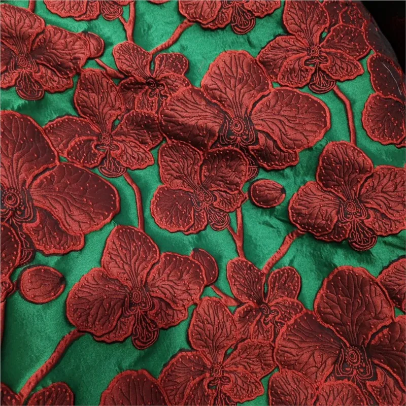 Ethnic-style leaf relief flower jacquard fabric red and green color contrast women's bag hat