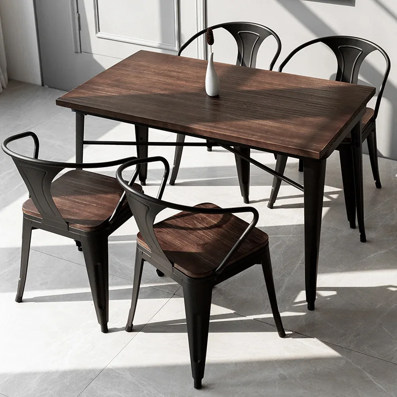

American Industrial Style Restaurant Solid Wood Dining Table, Wrought Iron Table And Chair Combination Cafe Bar 4-6 People Table