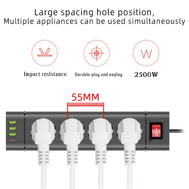 الاتحاد الأوروبي التوصيل قطاع الطاقة 3,4 أو 5 منافذ كهربائية 2 متر تمديد كابل طول 2500 واط مقبس مرشح الشبكة مع 3 منافذ USB 1 نوع-C