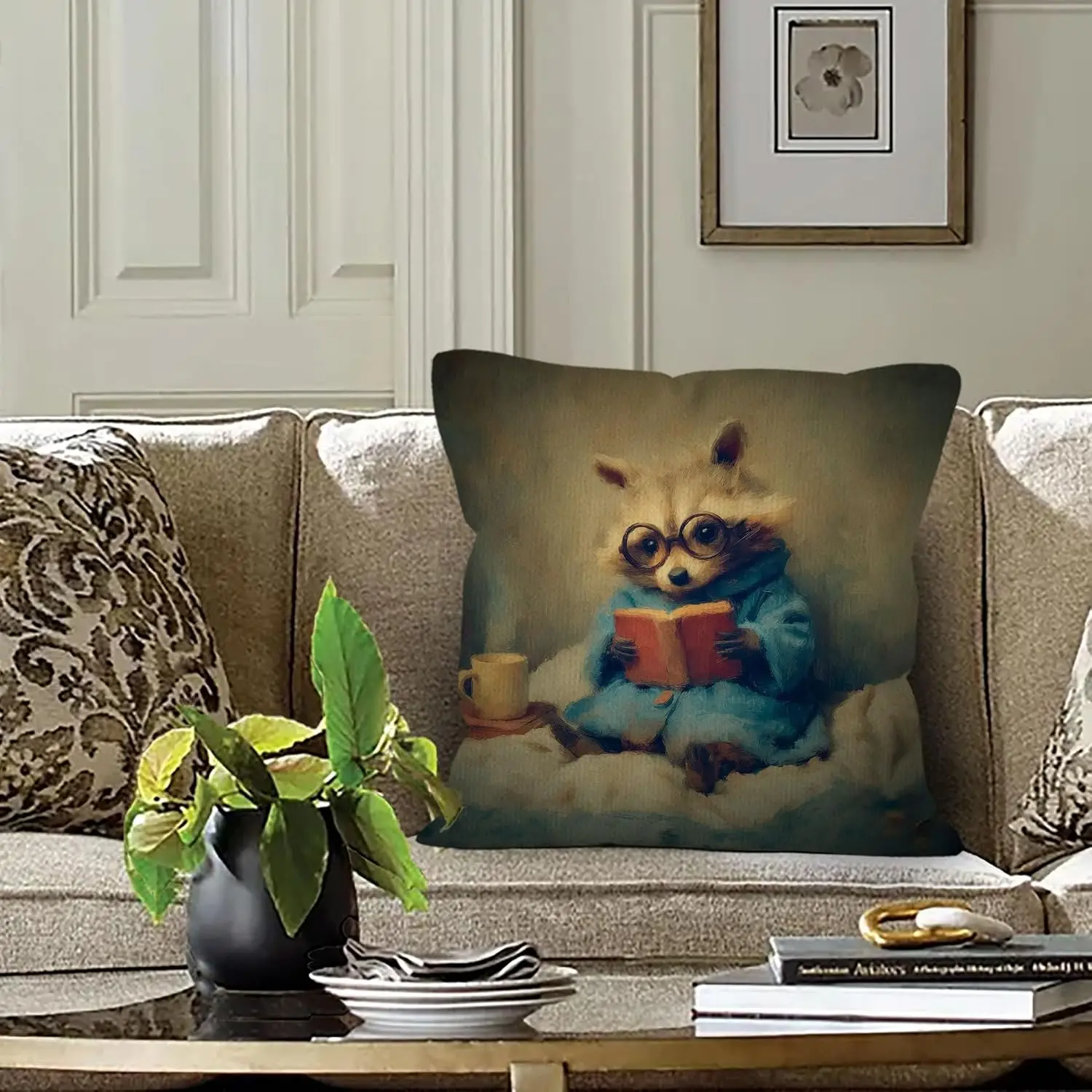 Adorable Raccoon Bookworm Pillowcase Throw Cushion Cover Art Print Nursery Decor Animal Watercolor Cartoon 18x18 Inch Home Accen