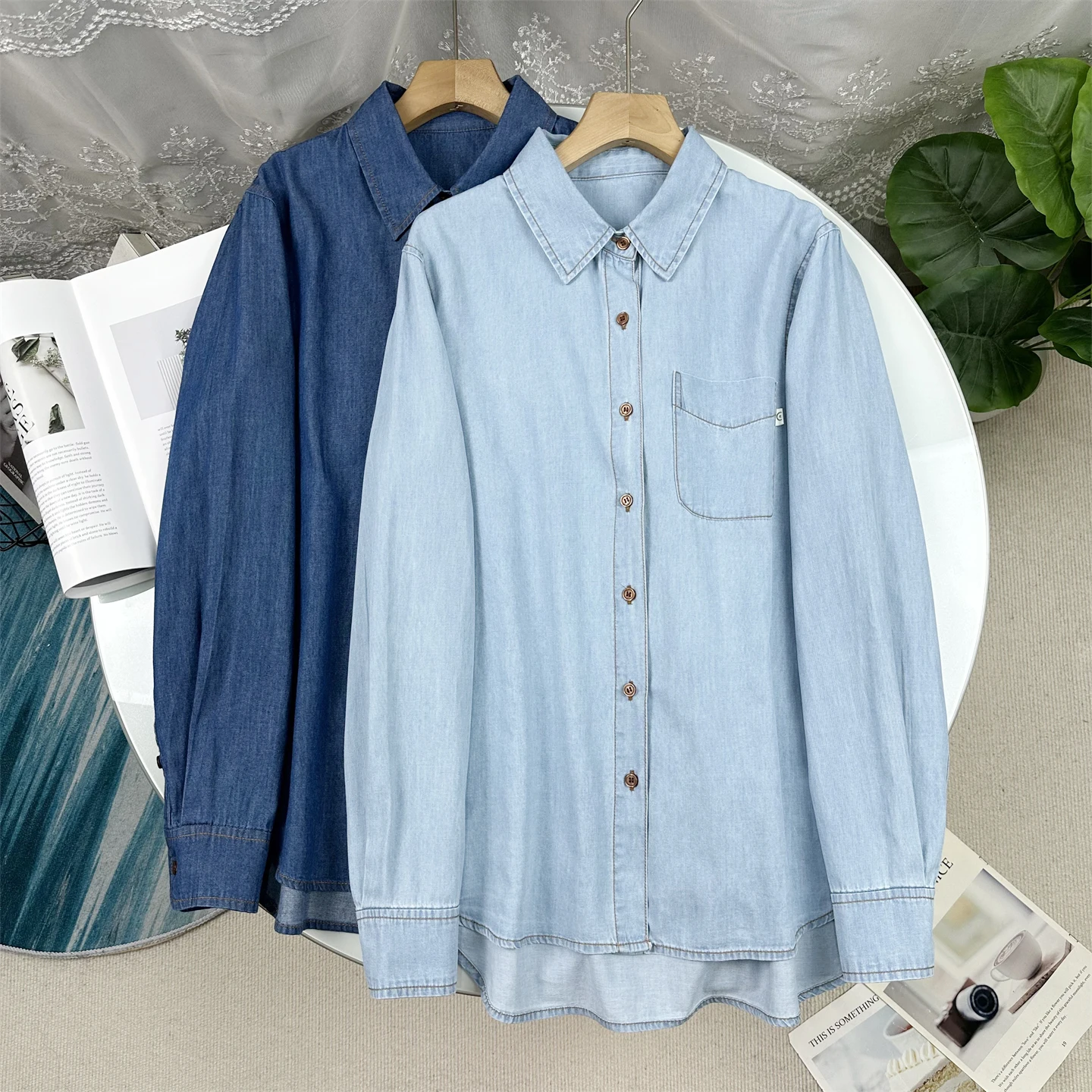 

Comfortable Lightweight Denim Long Sleeve Shirt Women's Spring Fashion Retro Style Single Button Loose Fit Pure Cotton Shirt