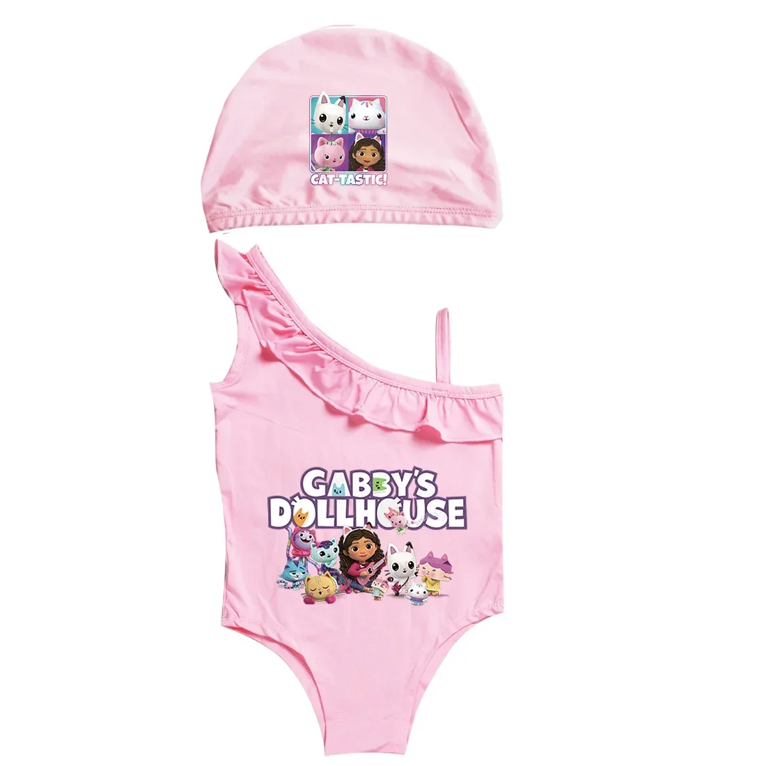 Gabbys Doolhouse costumi da bagno bambini Cartoon BeachWear con berretto 2 pezzi Set ragazza senza maniche costume da bagno ragazze Cartoon Gabby