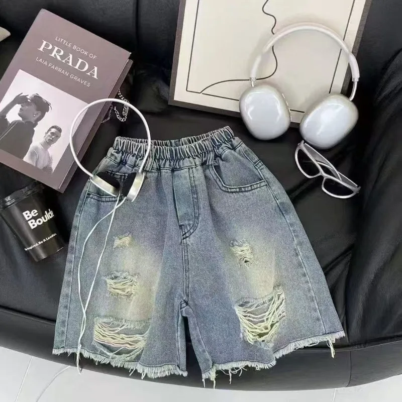 Kids Ripped Denim Shorts Summer Thin Boys Girls Unisex Baby Casual Five Point Pants Outer Wear Mid Calf Pants