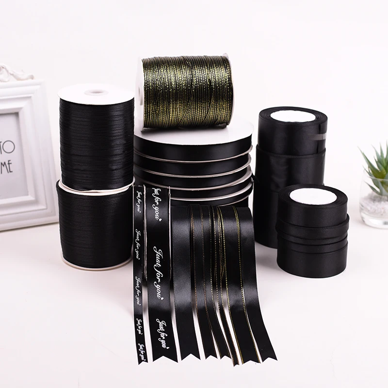 Schwarzes Einseitiges Satinband 6-50mm Geschenkverpackung Dekorationsband für Weihnachten Halloween Geburtstag Party Dekoration