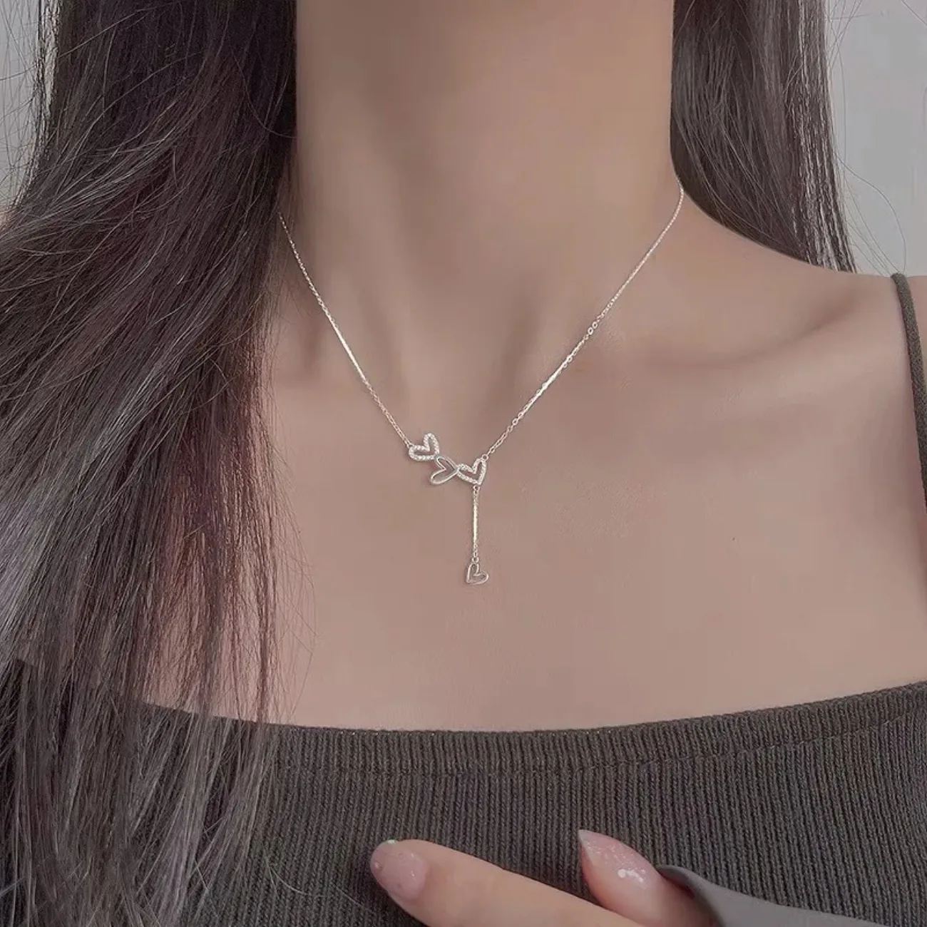 

Women's Sterling Silver Heart Necklace – Hollow Design with CZ Tassel, Delicate Clavicle Chain for Everyday or Wedding