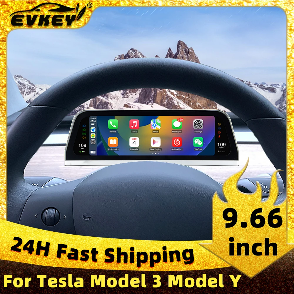 EVKEY Heads Up Display For Tesla Model 3 Y Digital Dashboard Carplay Android Auto 9.66 Inch IPS Screen Auto HUD Power Speed