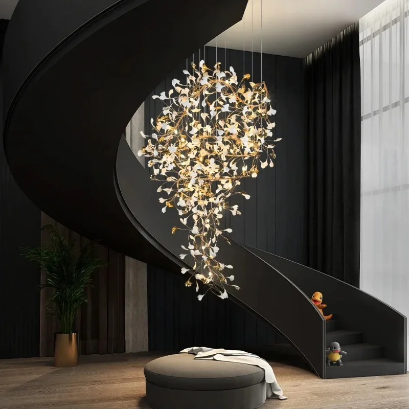 Современные подвесные лестничные люстры с листьями гинкго для зала, вестибюля, роскошные большие дизайнерские высокие потолочные люстры для гостиной, S-образная форма