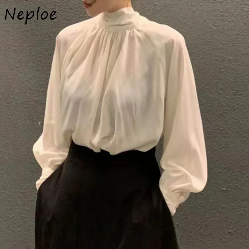 Neploe Stand Neck Solid Color Long Sleeve Blouses Back Bandage Loose Casual Shirts Autumn Vintage Blusas Mujer De Moda 2024