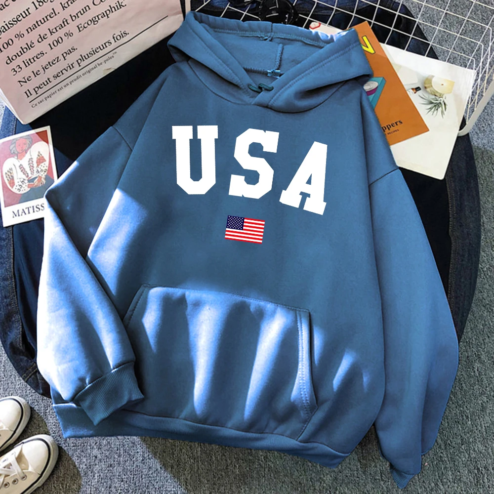 Usa American Flag Patriotic Print Print Hoodies Mens Pocket Autumn Clothes Crewneck Loose Streetwear Fleece Warm Mans Clothing