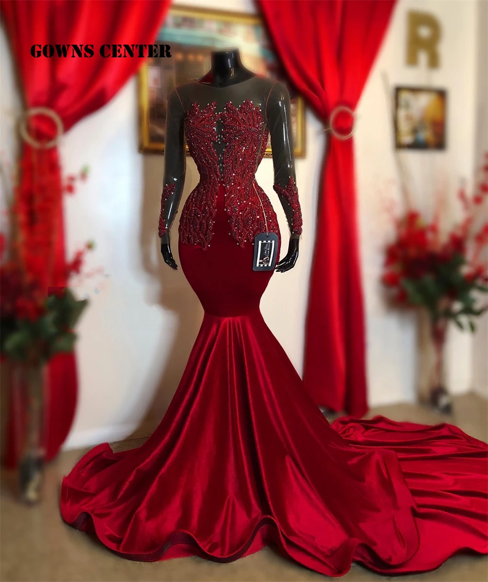 Elegante frisado apliques veludo vestidos de baile manga longa vestidos de luxo elegante vestido de noite para festa de casamento sereia preto menina