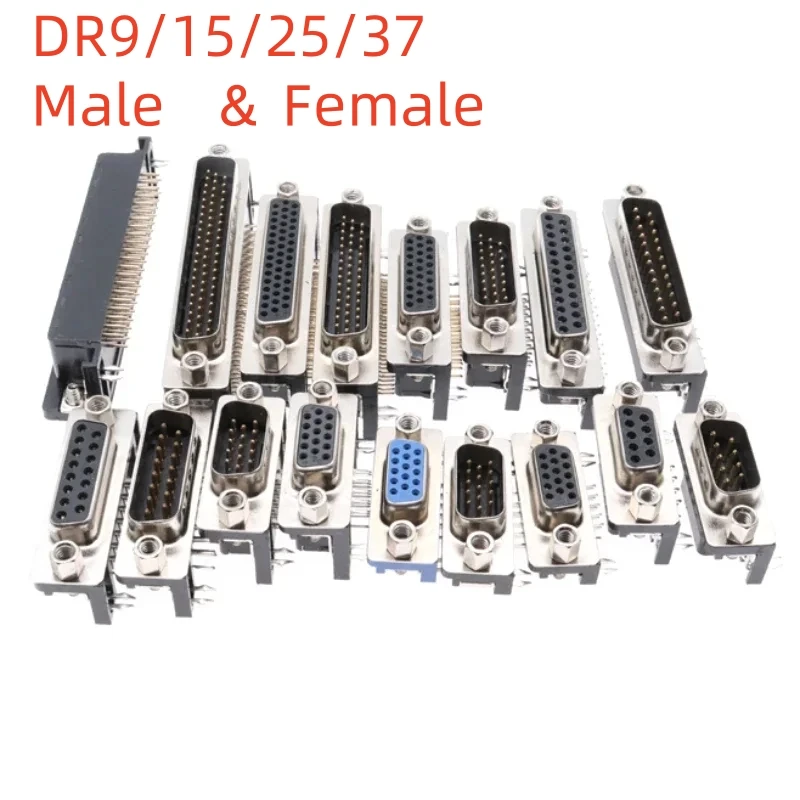 

5Pcs DR9 DR15 DR25 DR37 Hole/Pin Female/Male right angle Welded d-sub Connector RS232 serial port adapter DB9 9/15/25/37 pin