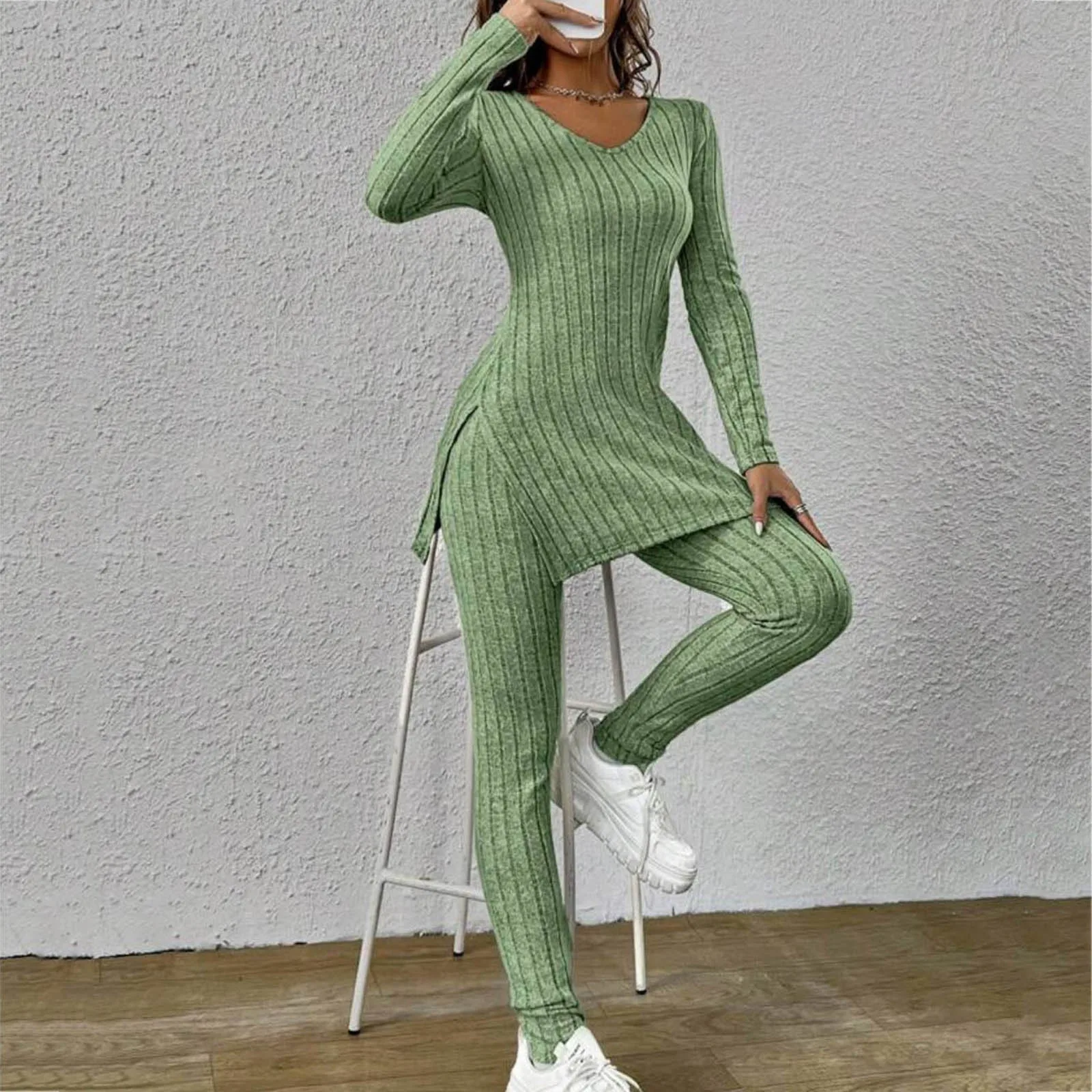 Autumn Winter 2 Pieces Set Women Knitted Solid Long Sleeve Sweater Tops Slim Fit Pants Sets Fashion Elegant Warm Trousers Outfit