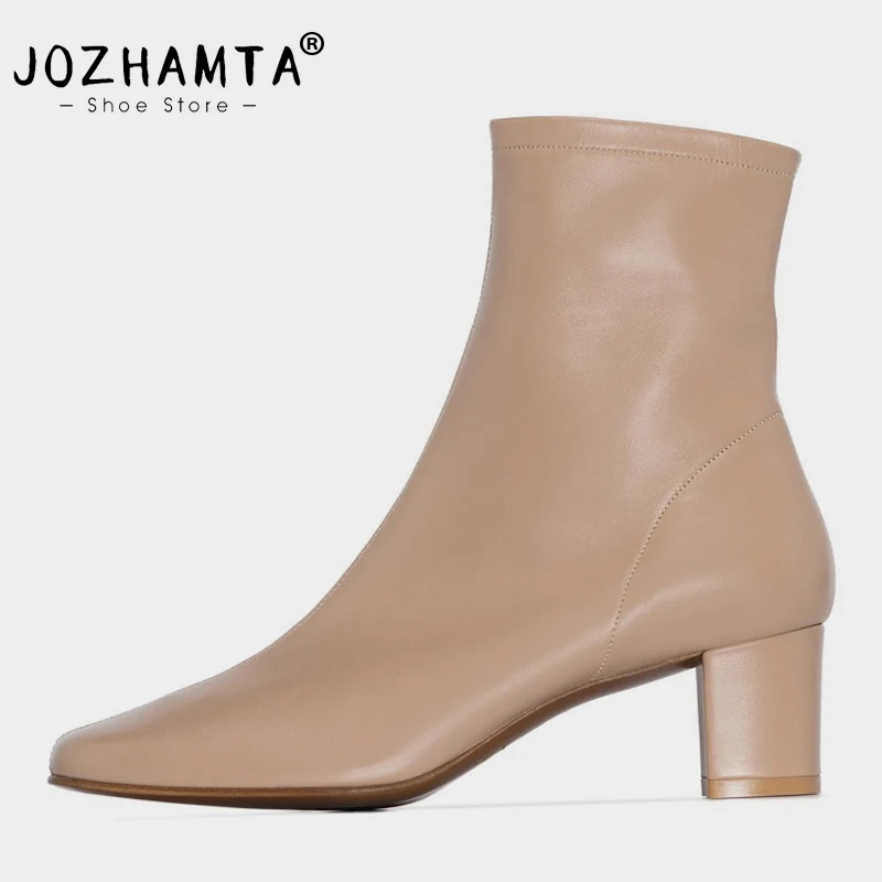 

JOZHAMTA Size 32-43 Women Ankle Boots Genuine Leather Stretch Boots Chunky High Heels Winter Shoes Woman Suqare Toe Booties