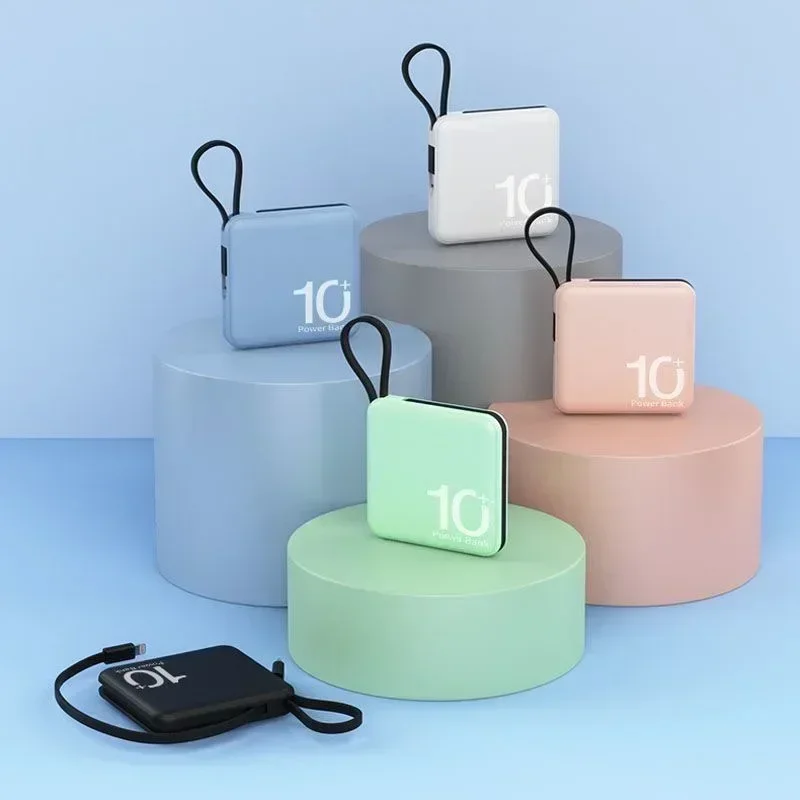 

Mini Power Bank 10000mAh Portable External Battery with Built-in Cord Micro Compact Fast Charging Mobile Phone Accessory