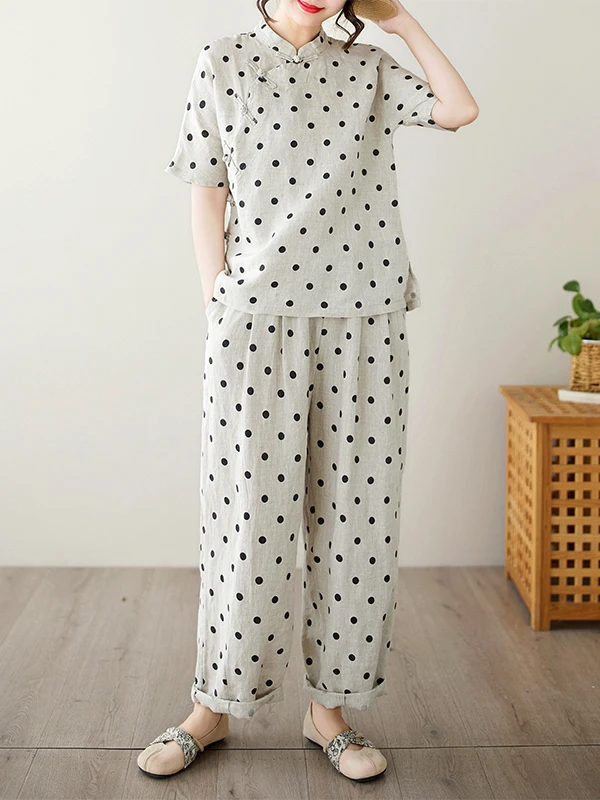 

Elegant Retro Chinese Style Two-Piece Set Women's Casual Cotton Shirt with Belt And Polka Dot Pants High-End Luxury Brand