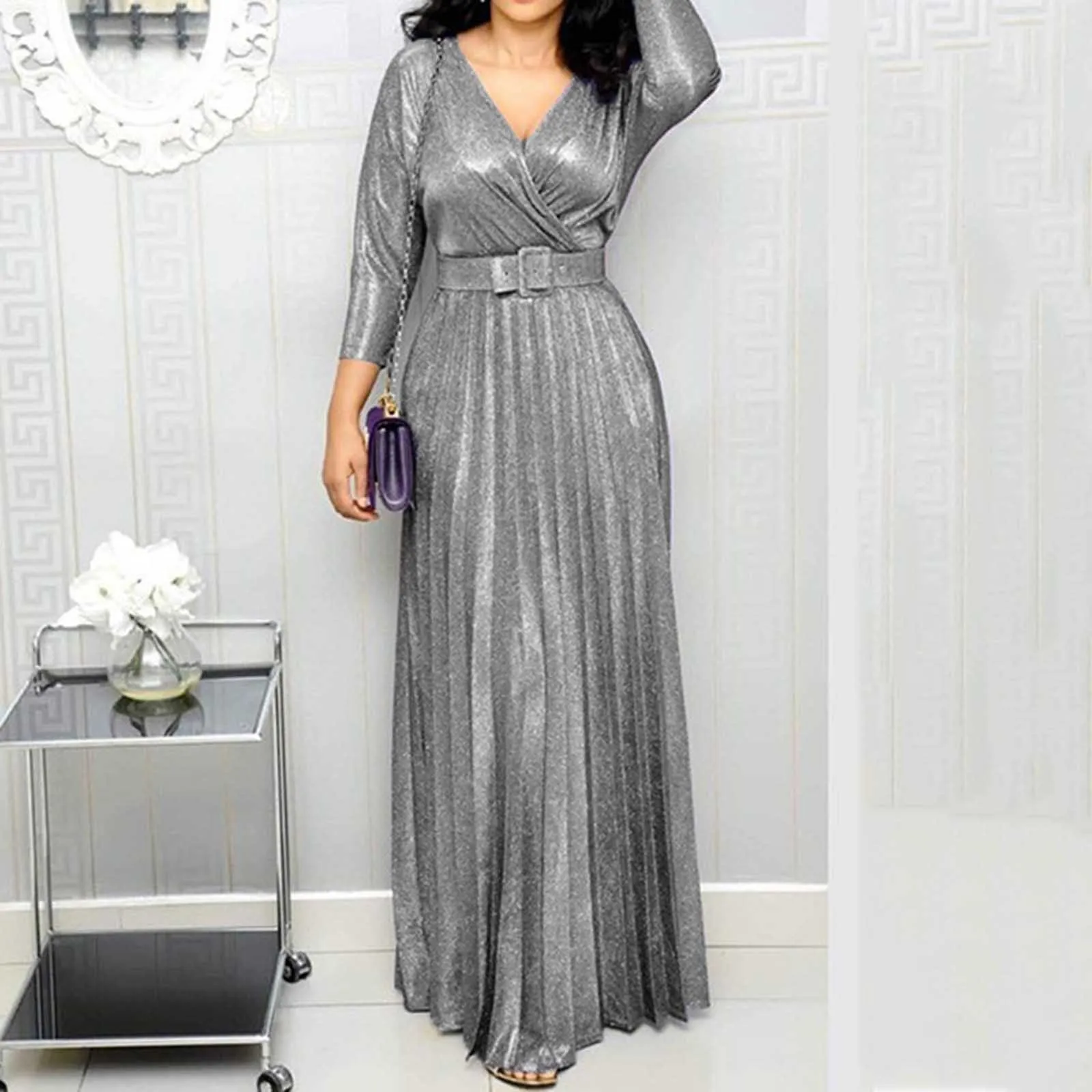 Plus Size Elegant Party Dresses For Women Low Cut Sequined Gown Dress With Belt Nine Point Sleeve Ruffle Hem Flowy Long Dress