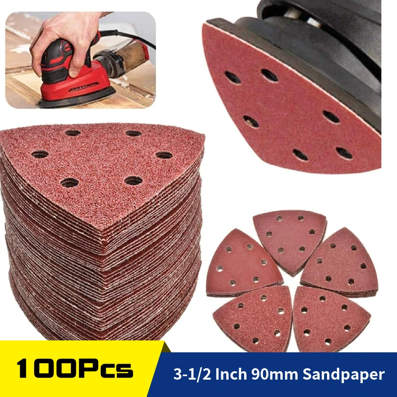 

100PCS Triangle Sanding Disc Hook and Loop 3-1/2 Inch 90mm Sandpaper 6 Holes For Detail Oscillating Tools Sander 40-2000 Grit