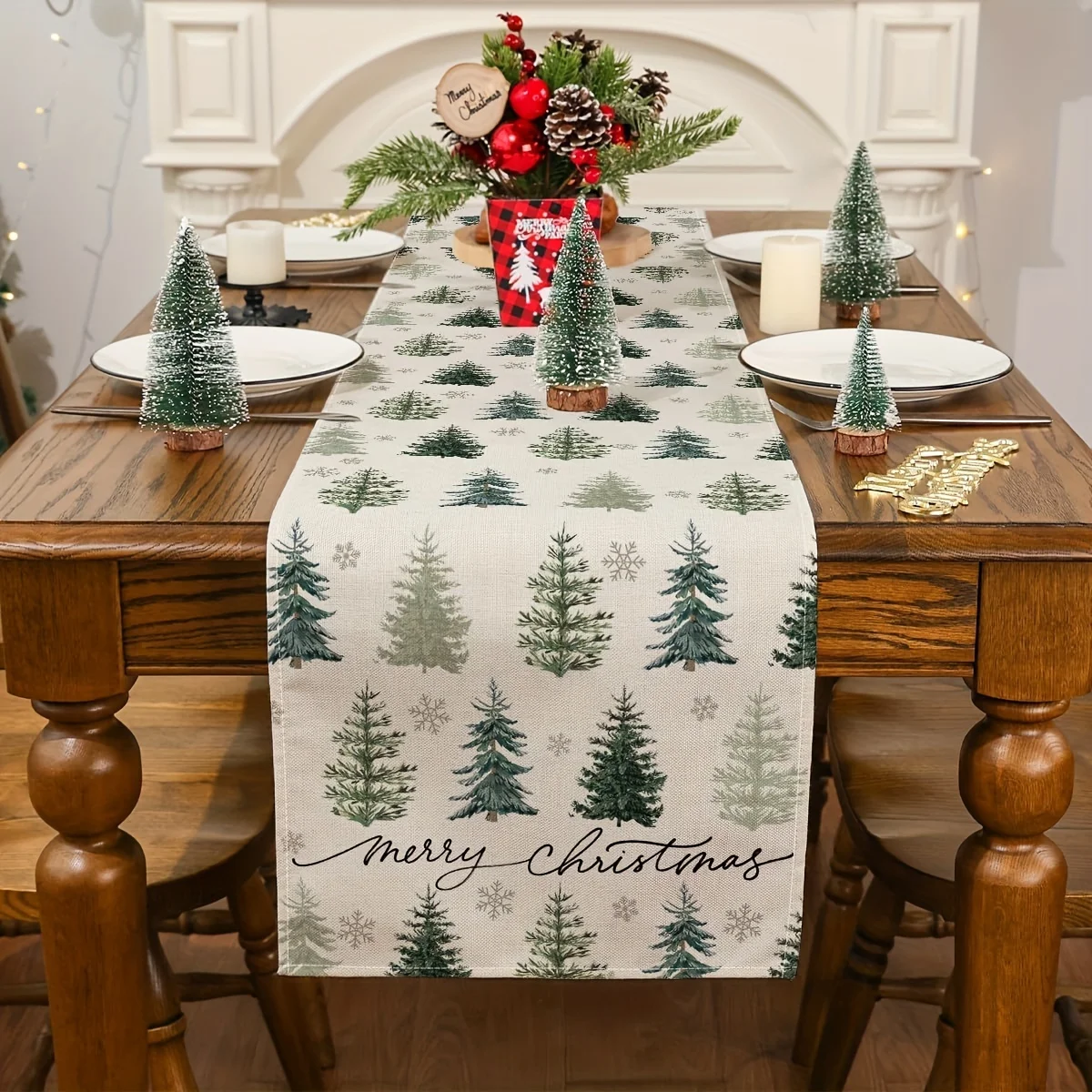 VIKAMA Weihnachts-Tischläufer, Urlaubstischdekoration, Weihnachtsbaum und Schneeflockenmuster, Heimdekoration, Party-Dekoration