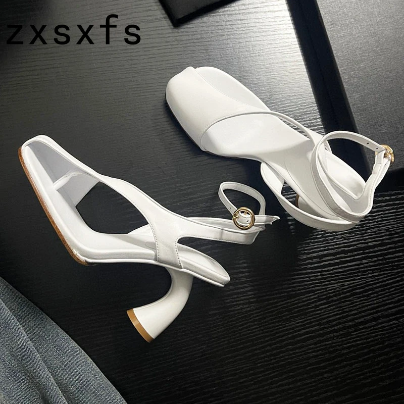 Summer White Leather Women Sandals Ankle Strap Strange High Heel Party Shoes For Women Designer Brand Sandalias Mujer Women