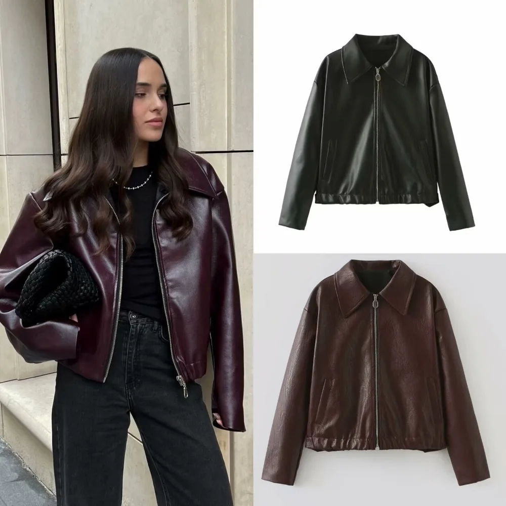 

Spring Autumn Leather Jacket Zipper Bomber Jacket Design PU Leather Coat Long Sleeves Top Black Wine Red Lapel Streetwear Trendy