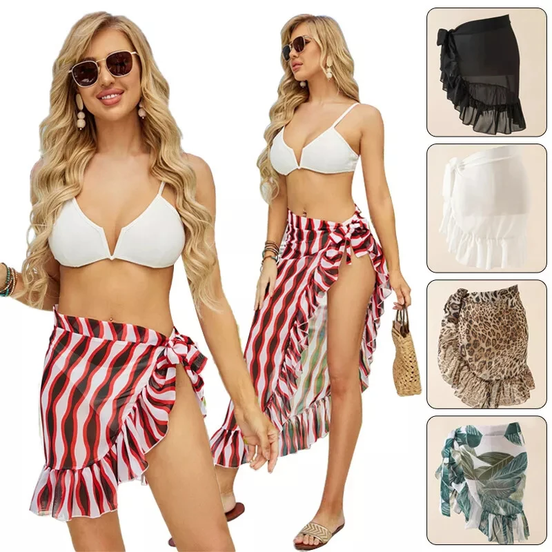 Sarong plażowy Cover Ups dla kobiet Ruffle Printed Skirts Bikini Cover Pareo Chiffon Wrap Dresses Summer Accessories Seawear