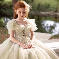Jill Wish J360 Luxury Sage Green Girl Dress with Beading Crystal Lace Princess Wedding Birthday Pageant Party Performance Gown