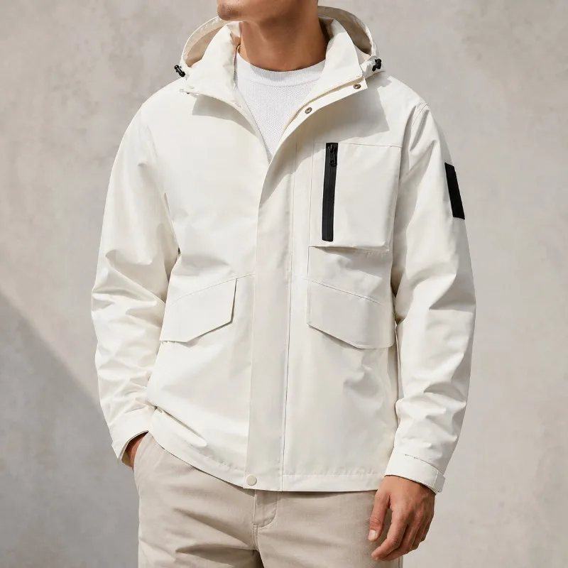 Men's Hooded Windbreaker Jacket Multi Pocket Full Zip Outdoor Hiking Travel Casual Lightweight Spring Autumn Streetwear Coat