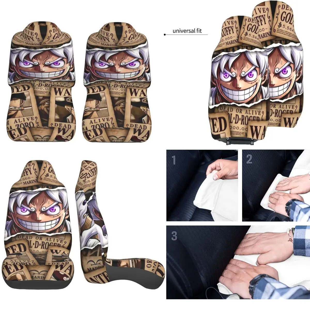 One Piece Luffy Gear 5 Wanted Universal Car Seat Cover Four Seasons Travel Car Seat Covers Polyester Hunting view 6