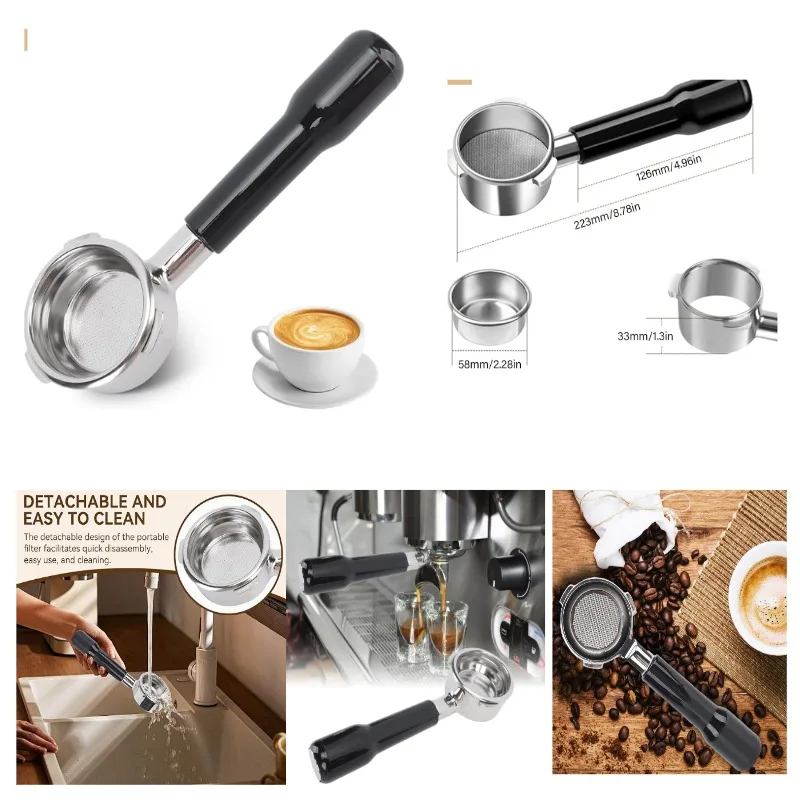 58mm Bottomless Portafilter with Three Prongs, 304 Stainless Steel Filter, Detachable Non-slip Handle, Coffee Machine Accessory