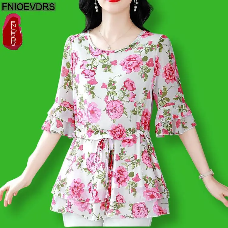 S-4XL Women Flower Floral Printing Long Tunic Drawstring Lace-Up Chiffon Shirt Blouses Bow Tie Retro Vintage Loose Peplum Tops