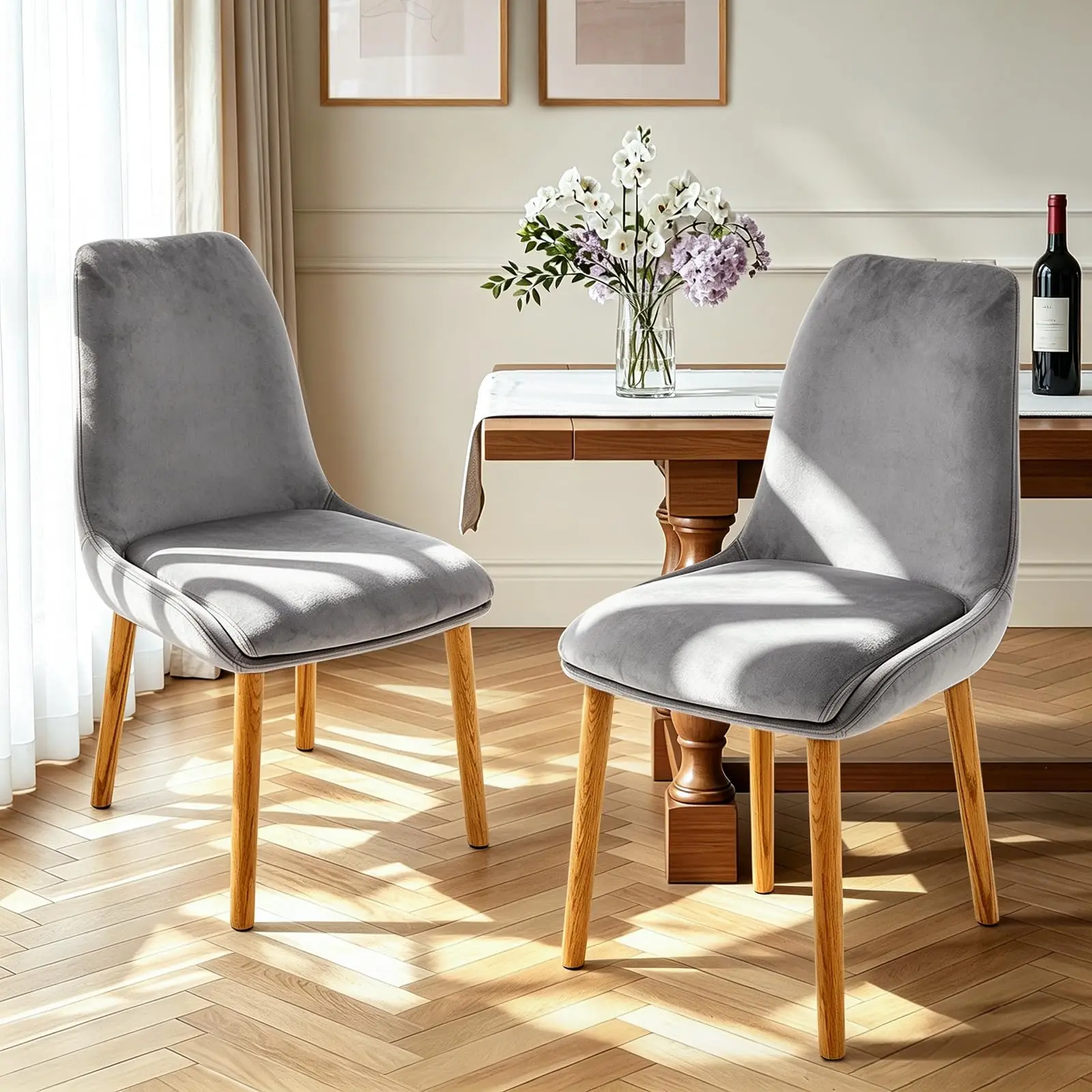 Dining Chairs Set of 2, Soft Fabric Upholstery Armless with Wood Legs Grey | Easy Assembly, Space-Saving & Versatile