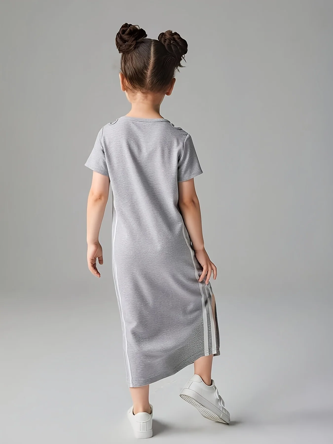 Kids Girls Gray Casual Midi Dress, Short Sleeve Crew Neck Dress with Side Stripes & Shoulder Cutouts for Daily Wear