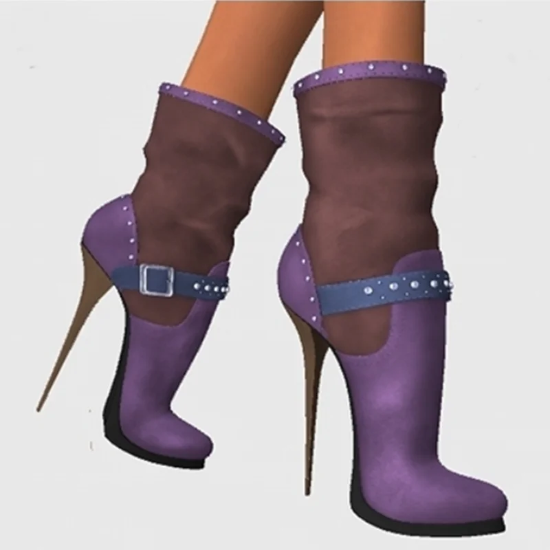 

Purple Patchwork Rivet Mid Calf Boots Thin High Heel Sexy Fashionable Cool Summer Casual Big Size Woman Shoes Zapatillas Mujer