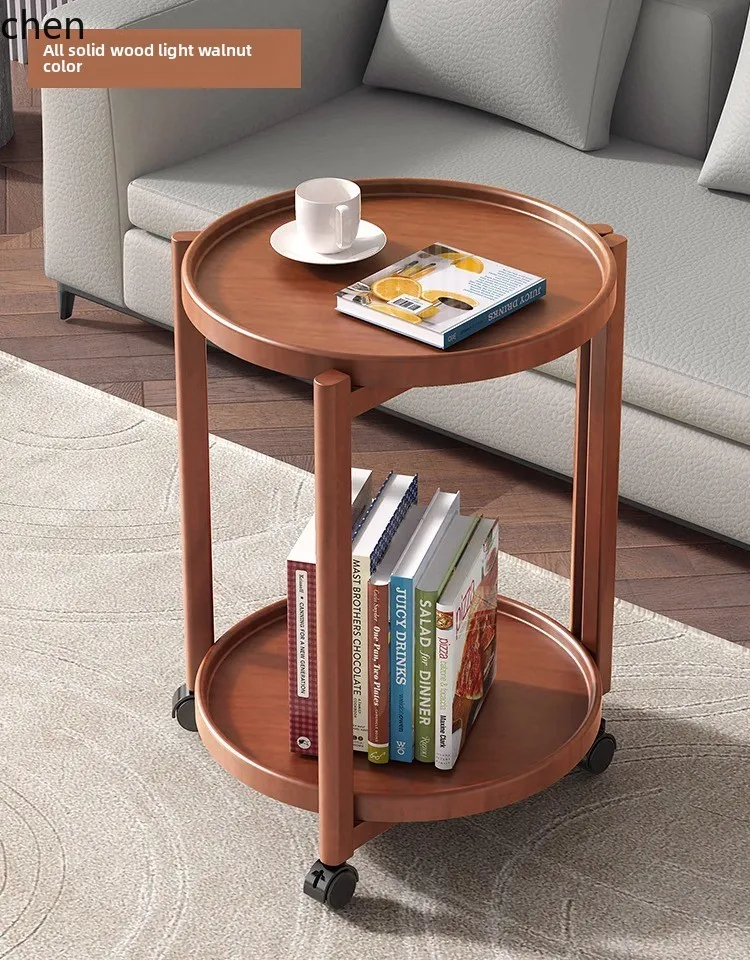 QZT all solid wood edge table round small coffee table with wheels movable sofa round table