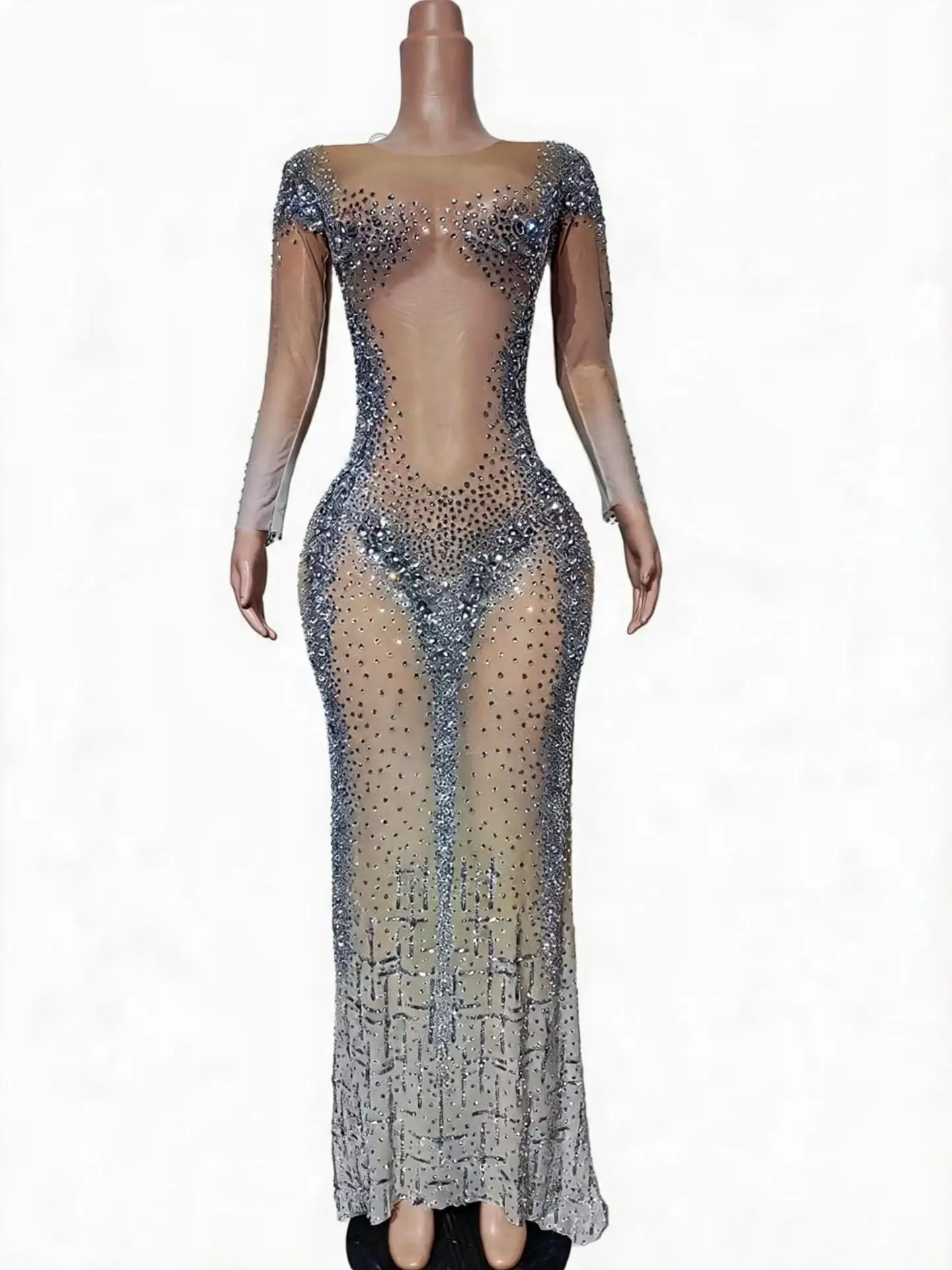 Suiying Womens Sheer Nude Mesh Silver Gradient Dot Crystal Long Mermaid Gown Round Neck Long Sleeve Party Costume