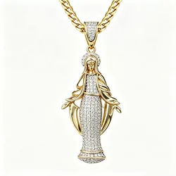 VANAXIN Iced Out Virgin Mary Mama Pendant Religious Jewelry 14k Gold Plated Virgen De Guadalupe Necklace Charms Our Lady