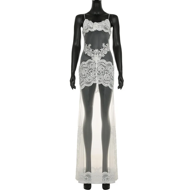 Lace Transparent Mini Dress For Women's Shestyle Embroidery Flower Mesh Transparent Flare Outfits Prom Nightwear Club Long Dress