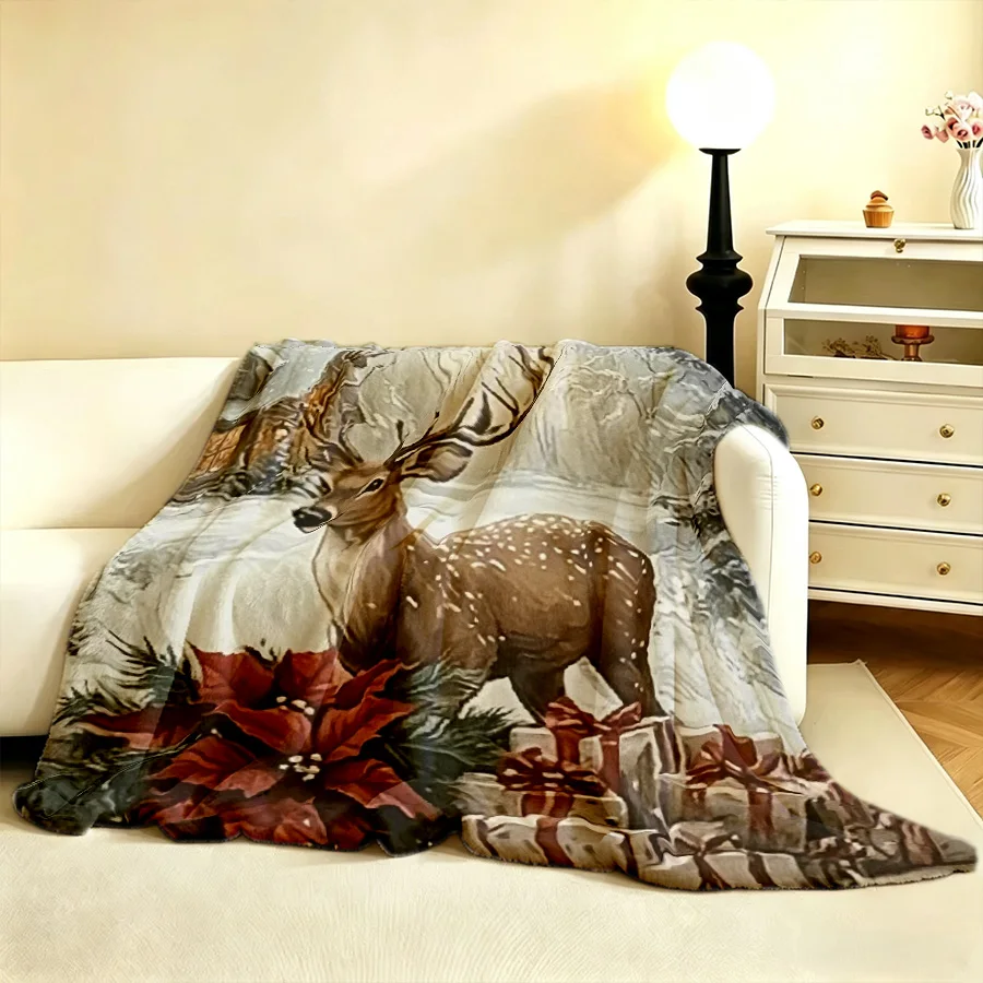 Christmas Winter Landscape Reindeer Flannel Throw Blanket, Vintage 2D Flat Single-Sided Printed Holiday Blanket