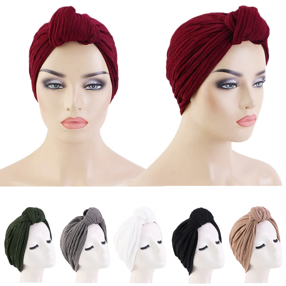 

Fashion Muslim Turban Bonnet Crinkle Top Knot Inner Hijab Caps African Twist Headwrap Women India Hat Hijab Cap Chemo Cancer Hat
