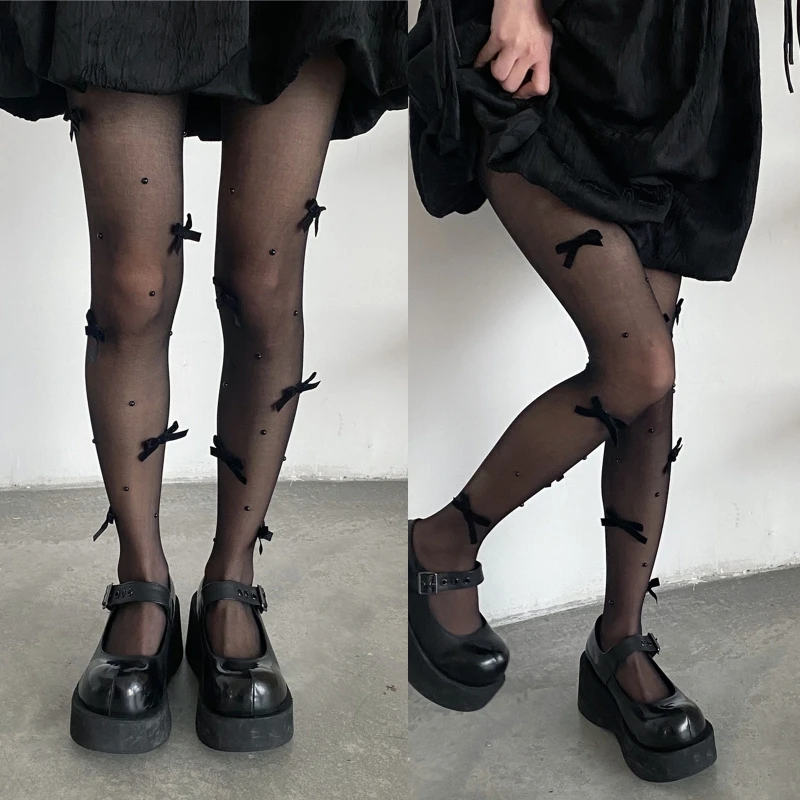 Women Gothic Black Silky Transparent Pantyhose Harajuku Japanese Sweet Bowknot Pearl Bead Sheer Tights Cosplay Stockings