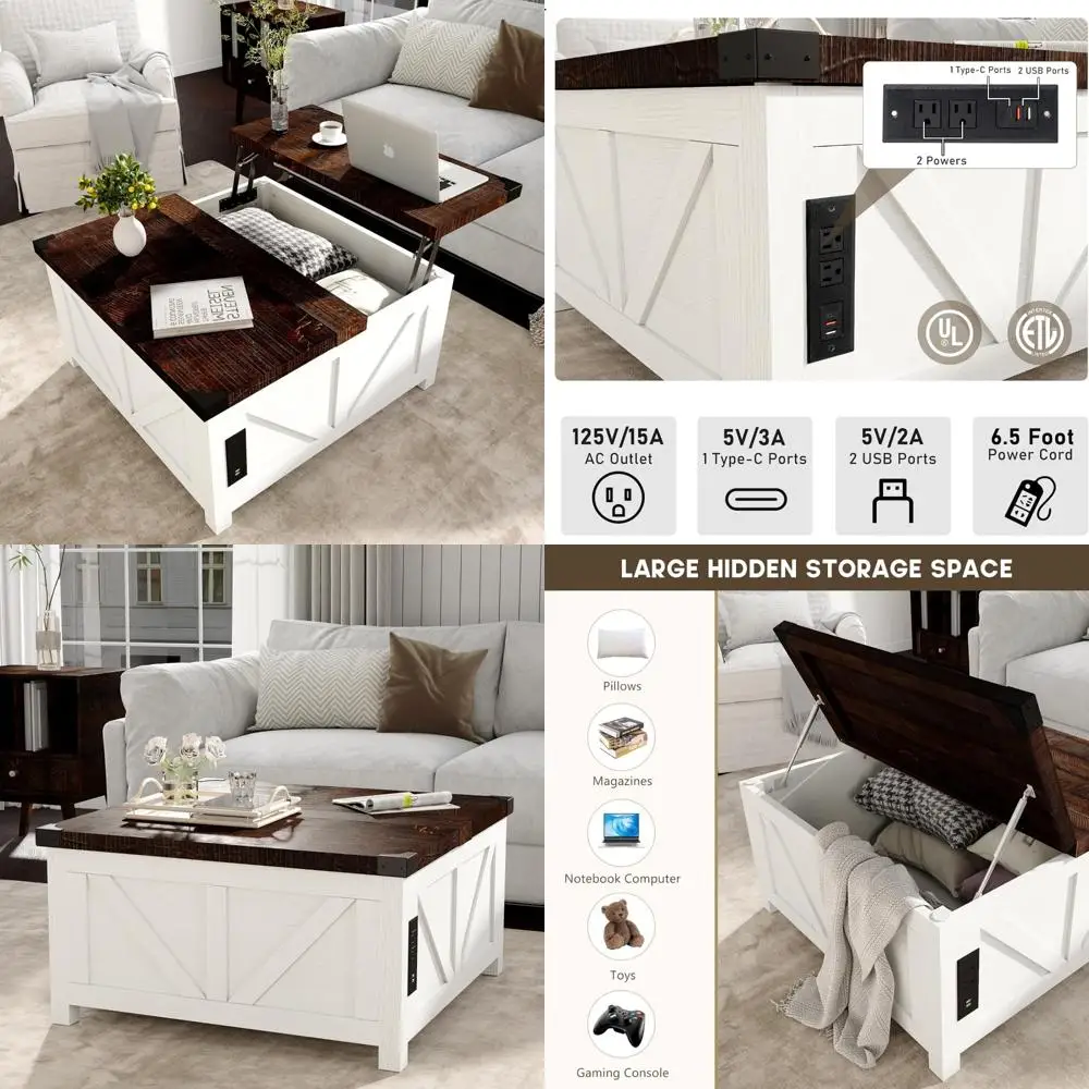 

Журнальный столик с подъемным верхом и местом для хранения вещей, деревянный квадратный стол для гостиной, зарядная станция и USB-порт, большое место для хранения вещей