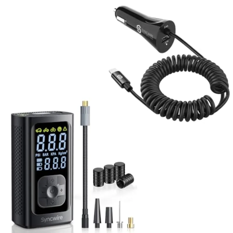 Car Charger with Apple MFi Certification and Portable Air Compressor for Tire Inflation Compact Dual-Purpose Device for