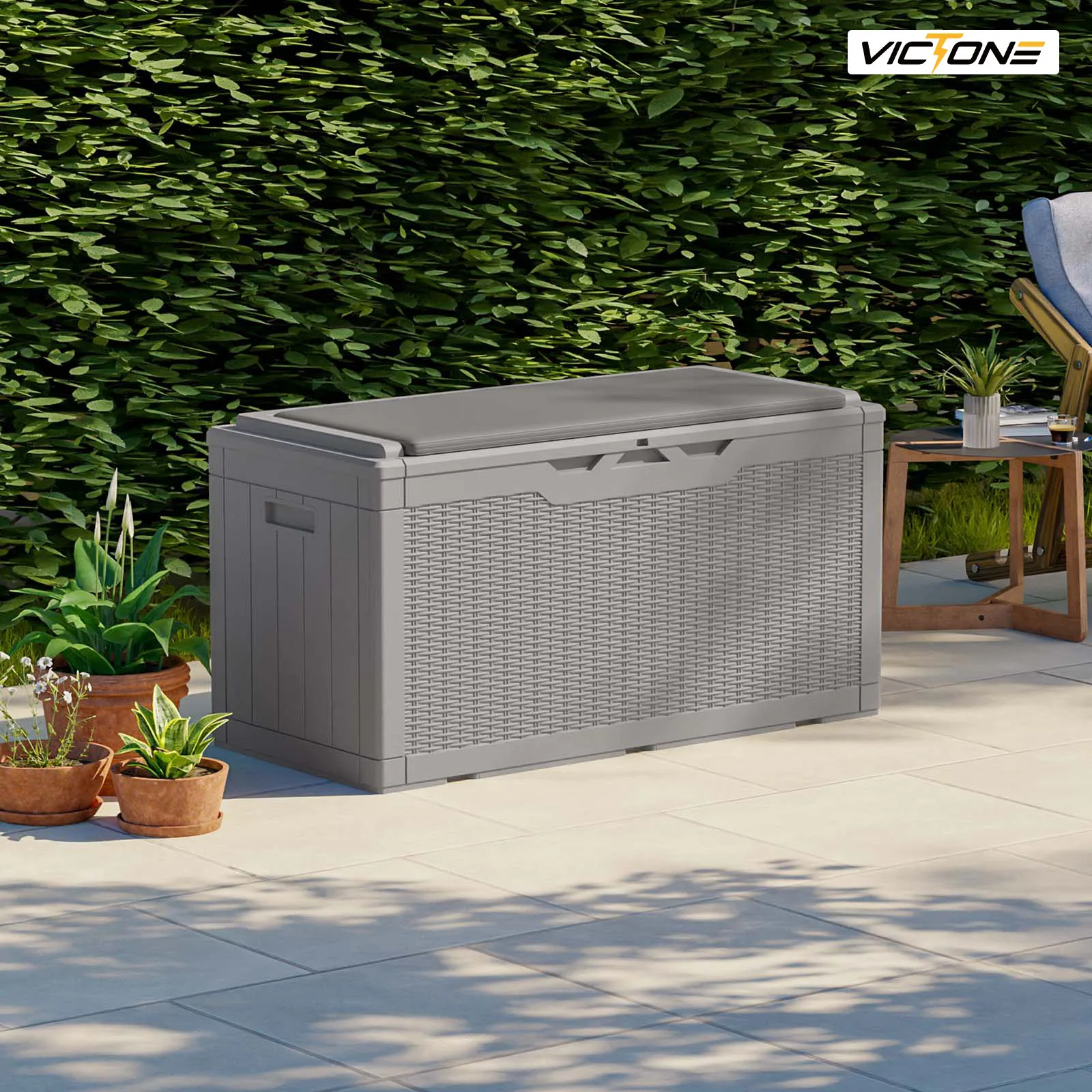 Victone 100 Gallon Resin Deck Box with cushion, Large Outdoor Waterproof Storage Box with Padlock for Patio Furniture, Grey