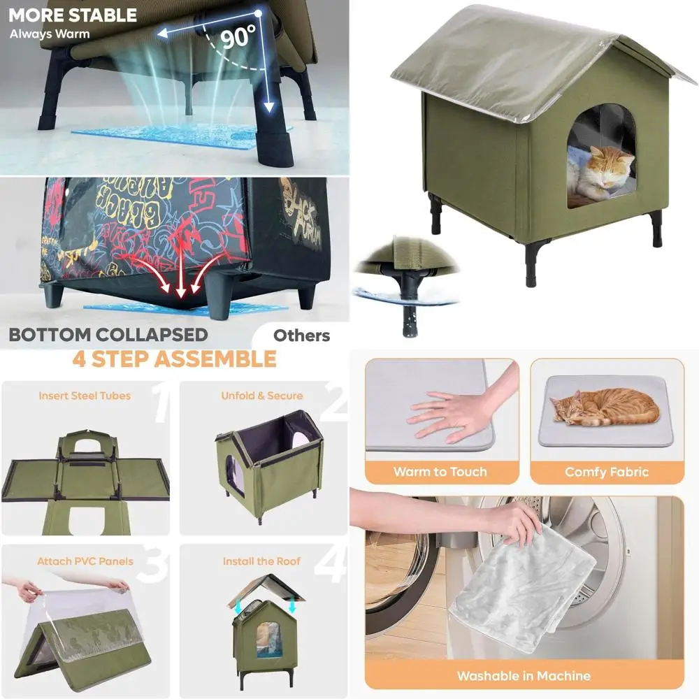 

Weather-Resistant Large 23 Elevated Outdoor Cat House with Cushioned Bed and Extra Roof Cover, Easy Assembly for Barn or Porch