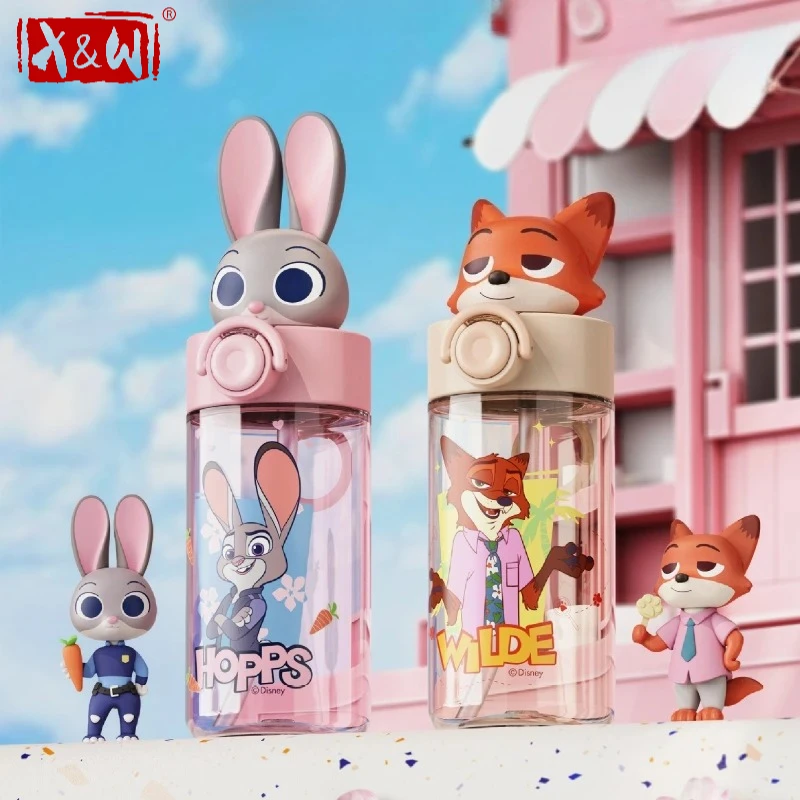 X&W 500ML Disney Zootopia Wasserflasche aus PP-Material mit Strohhalm und Deckel, Cartoon-Trinkgefäß für Zuhause, tragbare Tasse, Büro-Wasserflasche