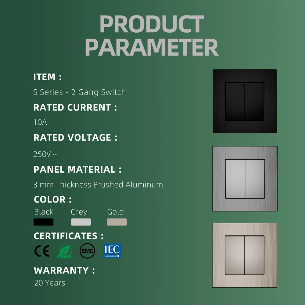 EU standard switch socket 86 * 86mm 2 gang 1 way/2way aluminum brushed panel two open single control dual control wall switch