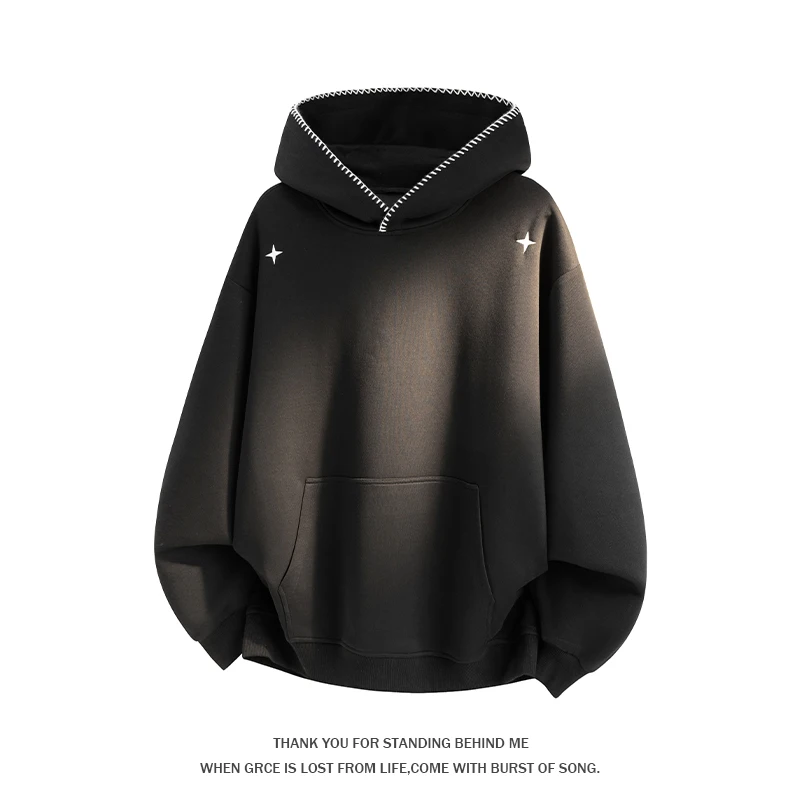 Men Star Embroidery Contrast Stitch Hoodie Kangaroo Pocket Loose Casual Streetwear Pullover Tops